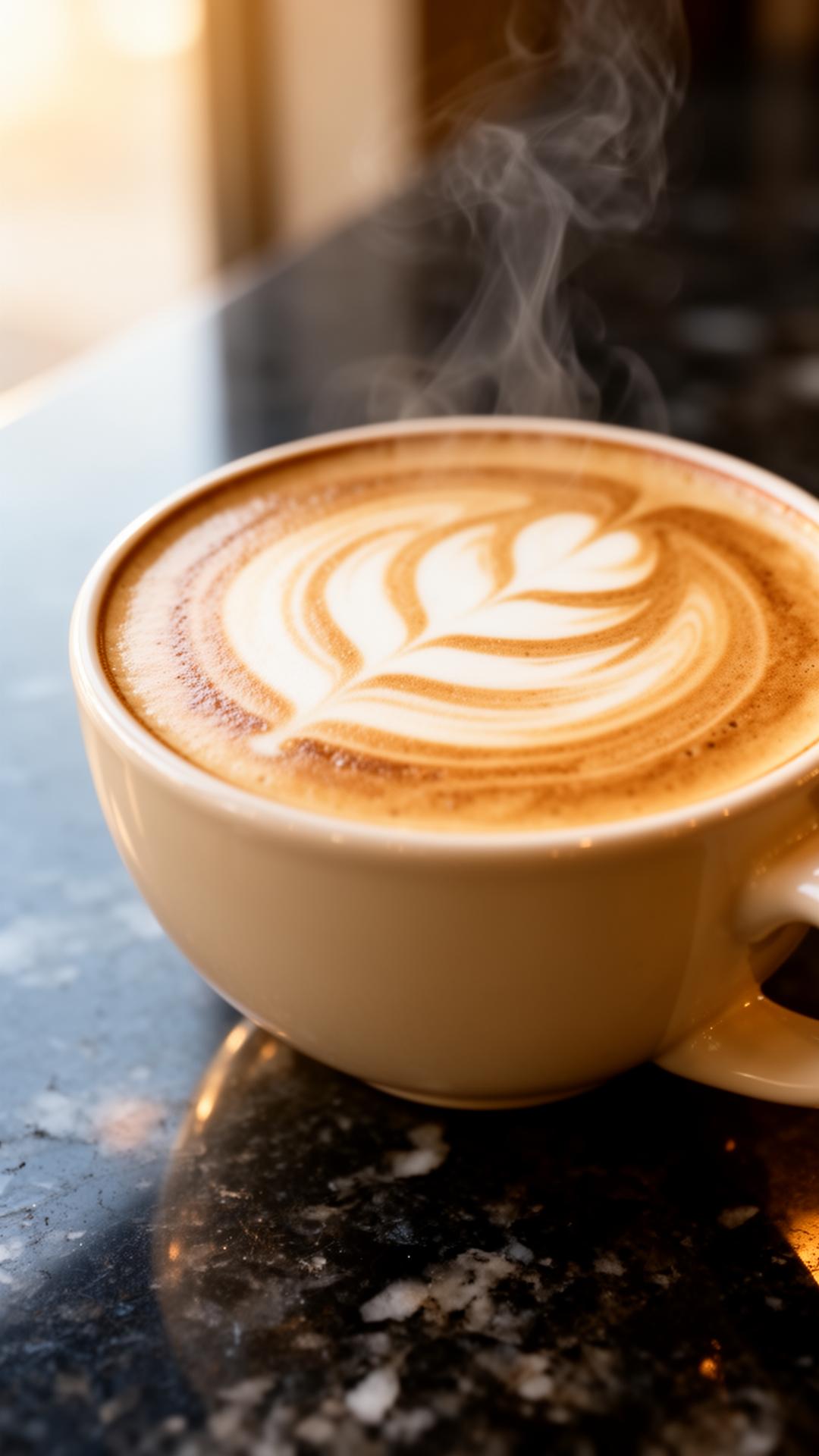 Cappuccino with latte art microfoam on dark stone counter