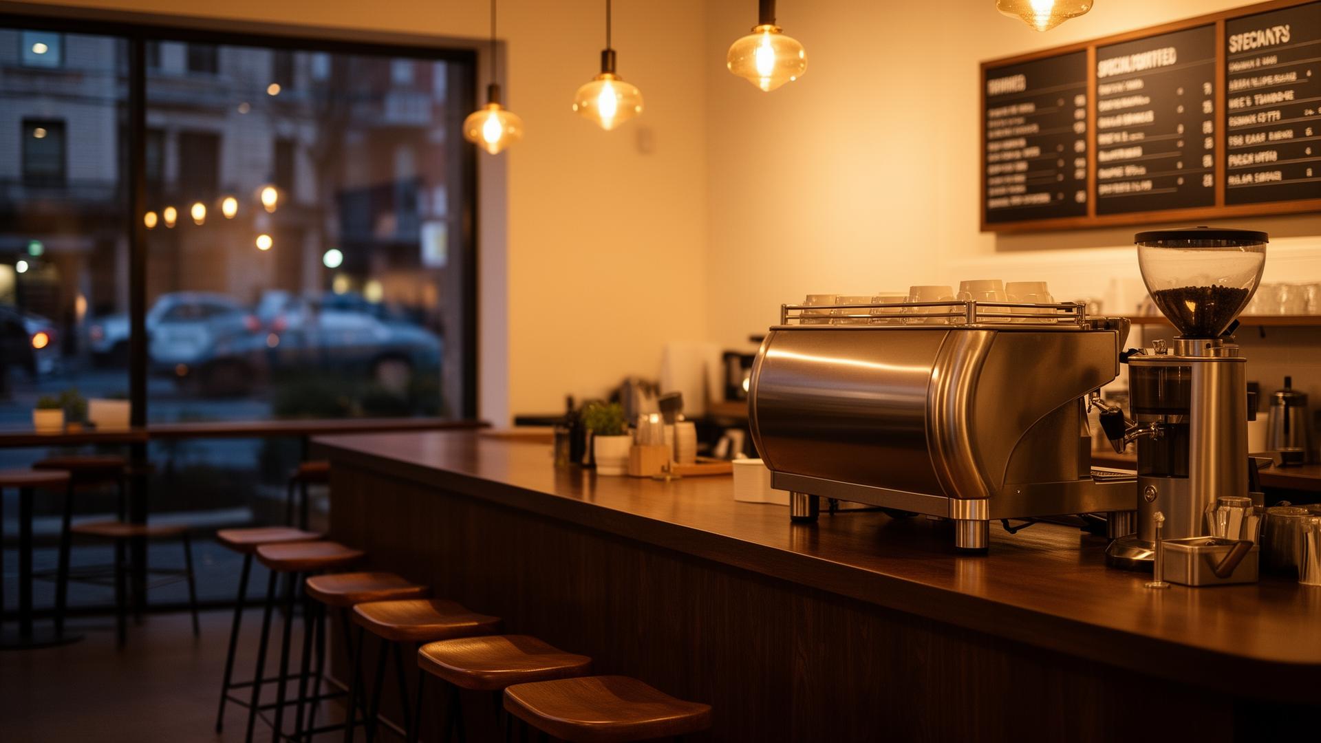 Interior of Dripp Society — counter and espresso machine in warm evening light